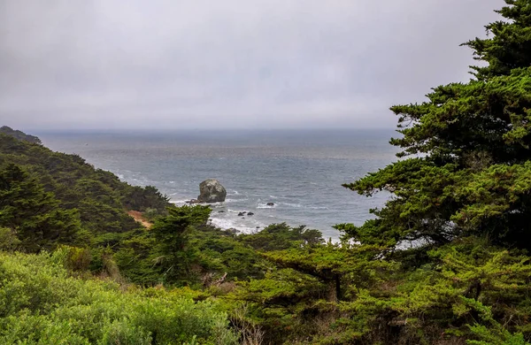 サンフランシスコのランド エンド トレイルから見える湾の上に低い霧がかかっている険しい海岸線の崖や岩を眺めましょう — ストック写真