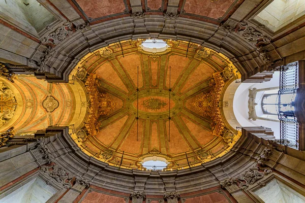 View of the ornate baroque ceiling of the Igreja dos Clerigos church in old town, a symbol of Porto, Portugal