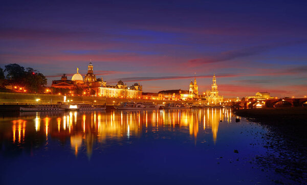 Dresden sunset skyline reflecion in Elbe river in Saxony of Germany