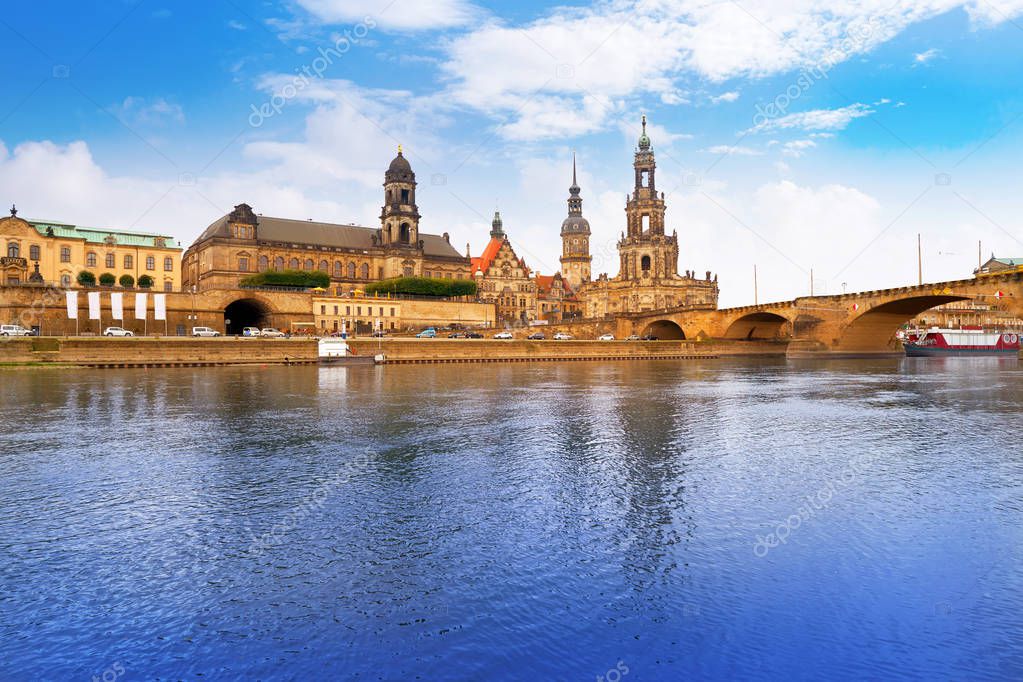 Dresden skyline reflecion in Elbe river in Saxony of Germany