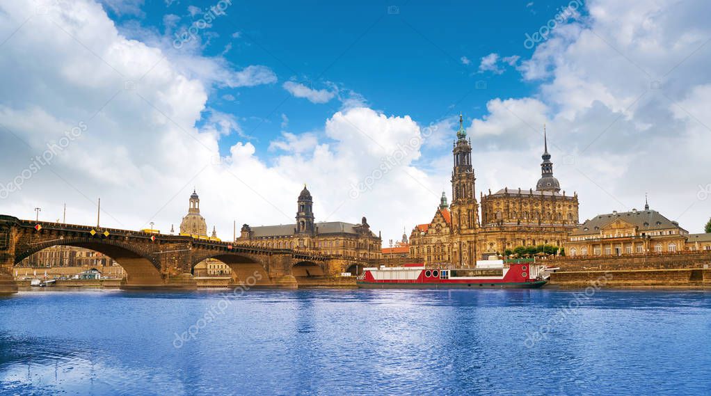 Dresden skyline reflecion in Elbe river in Saxony of Germany