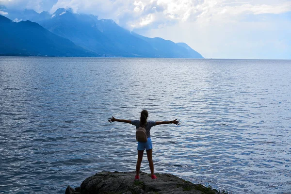 Geneve Lake Leman Geneva Backpack Tourist Girl Switzerland Swiss — Stock Photo, Image