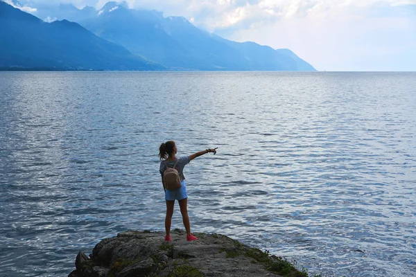 Geneve Lake Leman Geneva Backpack Tourist Girl Switzerland Swiss — Stock Photo, Image