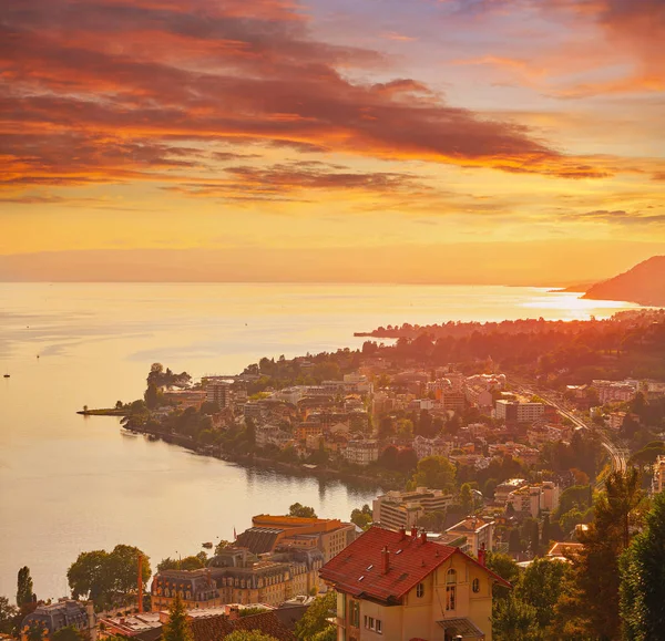 Montreux Sunset Skyline Leman Geneva Lake Switzerland Swiss — Stock Photo, Image