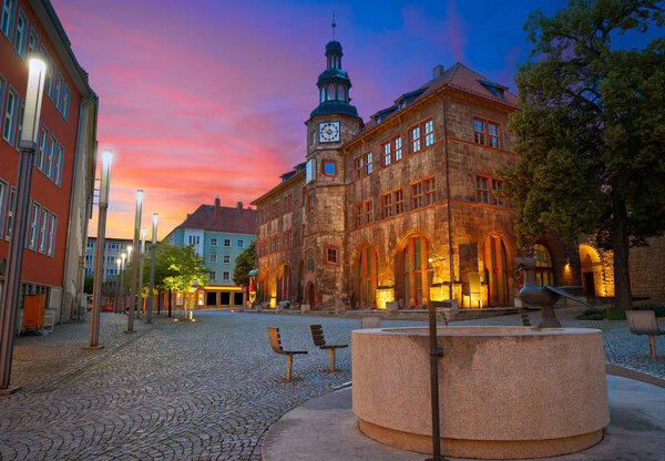 Stadt Nordhausen Rathaus sunset city hall with Roland figure in Thuringia Germany