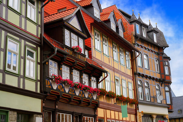 Wernigerode facades in Harz Germany at Saxony Anhalt
