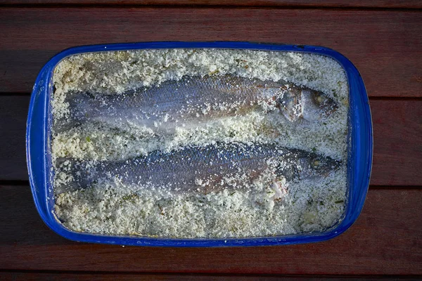 Seabass Salt Recipe Lubina Sal Mediterranean Blue Dish — Stock Photo, Image