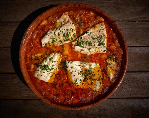 Forno Receita Peixe Mar Com Tomates Robalo Batata — Fotografia de Stock