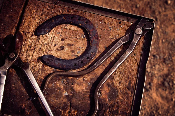 Hufeisen Pferd Werkzeuge Auf Einem Grunge Holztisch — Stockfoto