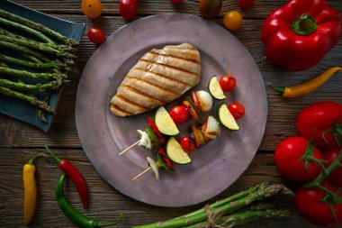 ızgara kuşkonmaz ile brochette sebzeli ızgara tavuk göğsü