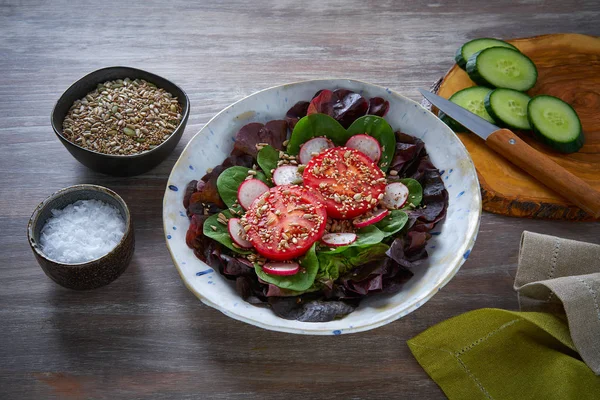 Ensalada Tomate Con Semillas Rábano Espinacas Lechugas Alimentos Saludables — Foto de Stock