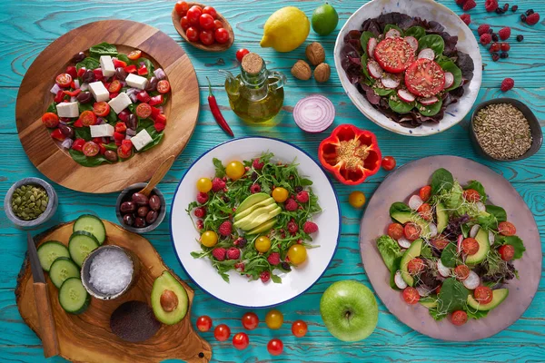 Surtido Ensaladas Ingredientes Veganos Saludables Mesa Turquesa — Foto de Stock