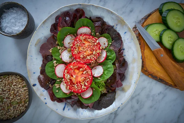 Insalata Pomodoro Con Semi Ravanello Spinaci Lattughe Cibo Sano — Foto Stock