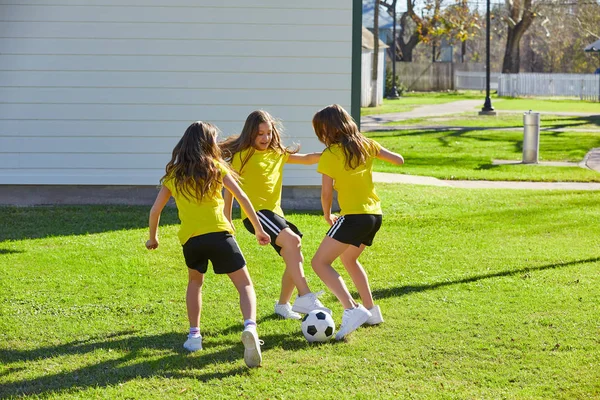 Friend Girls Teens Playing Football Soccer Park Turf Grass — Stock Photo, Image