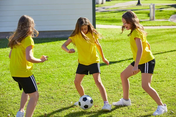 在公园草坪草的朋友女孩青少年踢足球足球 — 图库照片