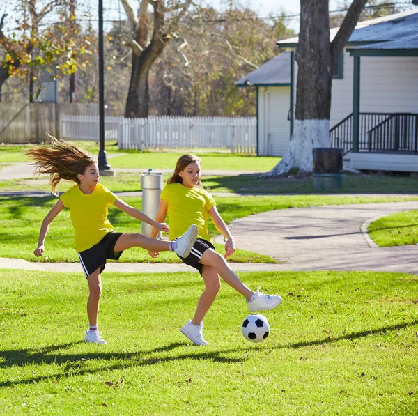 Friend Girls Teens Playing Football Soccer Park Turf Grass — Stock Photo, Image