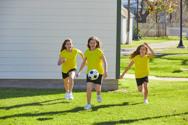 在公园草坪草的朋友女孩青少年踢足球足球 — 图库照片