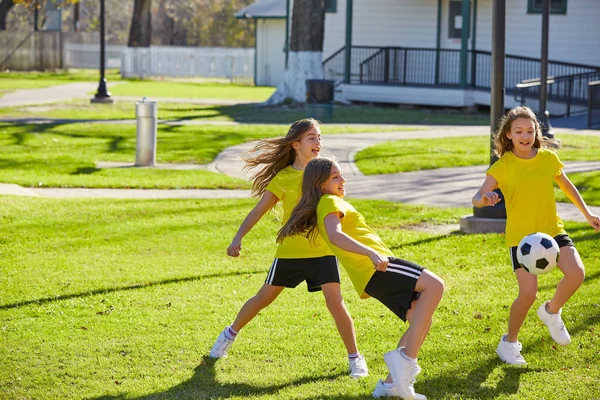 Friend Girls Teens Playing Football Soccer Park Turf Grass — Stock Photo, Image