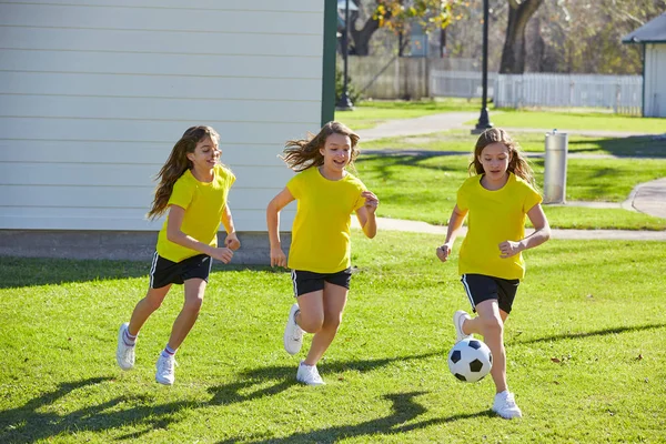 Friend Girls Teens Playing Football Soccer Park Turf Grass — Stock Photo, Image