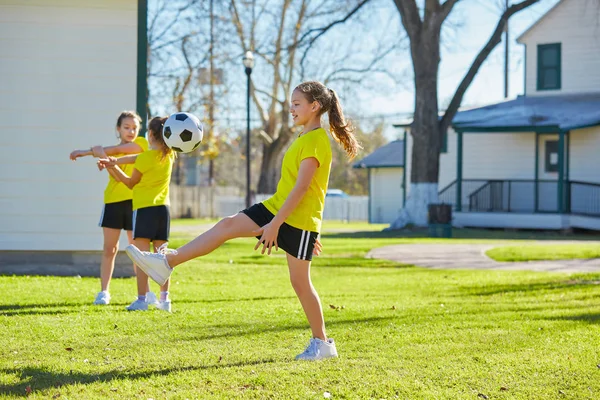 Friend Girls Teens Playing Football Soccer Park Turf Grass — Stock Photo, Image