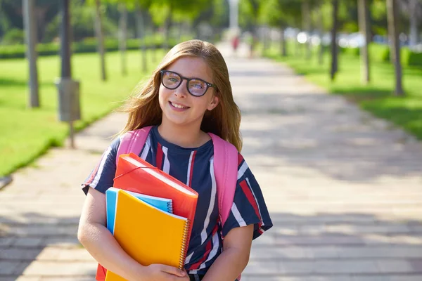 Blond Kid Student Girl Glasses Notebook Backpack Park — Stock Photo, Image