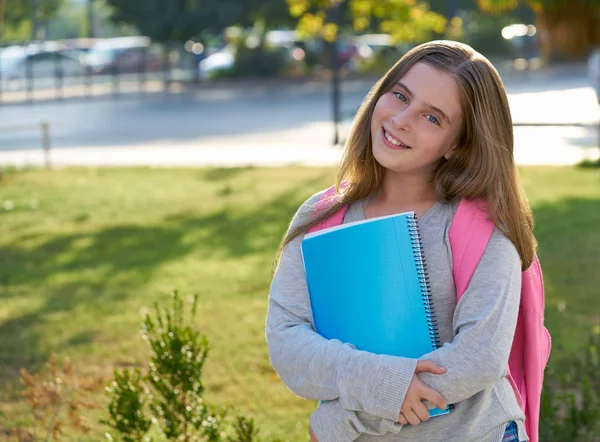 Dziewczyna Student Blond Dziecko Notebooka Plecak Mieście Powrót Szkoły — Zdjęcie stockowe