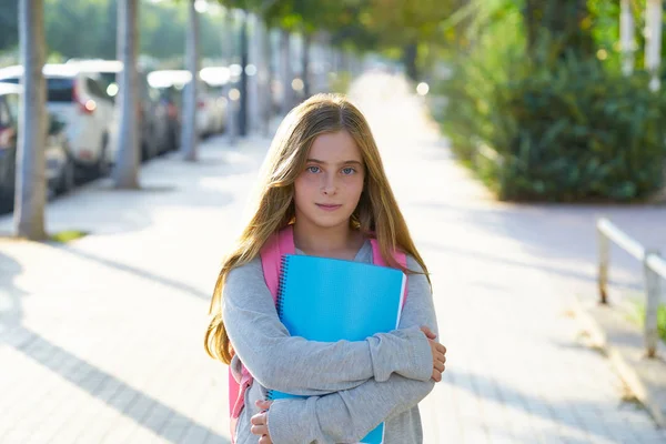 Blond Kid Student Girl Notebook Backpack City Back School — Stock Photo, Image