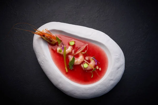 Minestra Pomodoro Gazpacho Mediterraneo Con Frutti Mare — Foto Stock