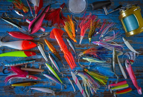 Rybářské Nástrahy Řešení Kolekce Pro Slanou Vodou Šňůrami Odstřeďování Rybář — Stock fotografie