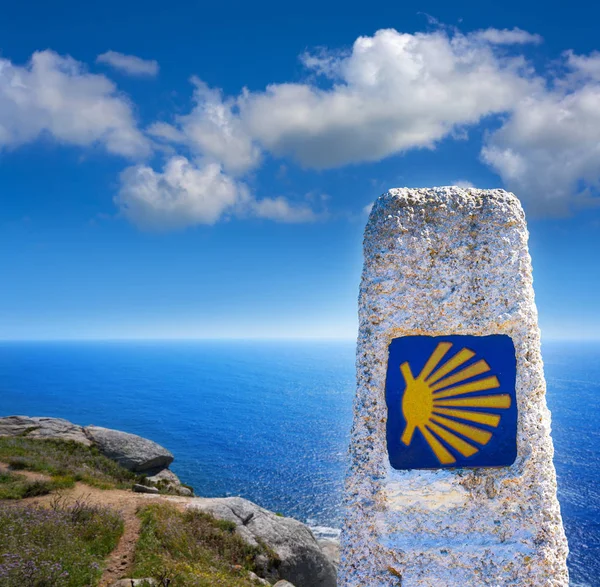 Sonunda Finisterre Saint James Yol Tabela Galicia Spanya Photomount Içinde — Stok fotoğraf