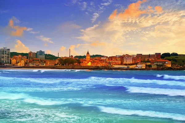 Gijon Skyline Sunset San Lorenzo Beach Asturias Spain — Stock Photo, Image