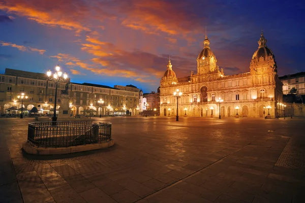 Κορούνια Πόλη Δημαρχείο Ηλιοβασίλεμα Στην Μαρία Πίτα Πλατεία Της Γαλικίας — Φωτογραφία Αρχείου