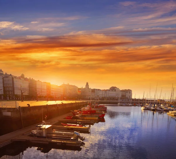 Coucher Soleil Coruna Port Lever Soleil Galice Espagne — Photo