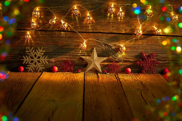Natale Fiocco Neve Stella Vintage Rustico Legno Sfondo Decorazione — Foto Stock