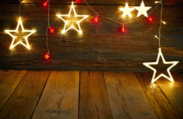 Kerstmis Licht Sterren Vintage Rustieke Houten Achtergrond Decoratie — Stockfoto