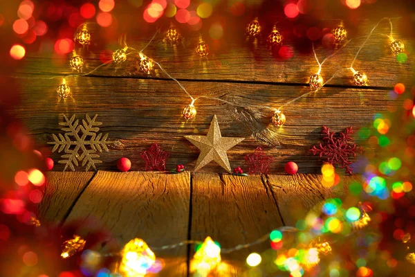 Kerstdecoratie Sneeuwvlok Ster Vintage Rustieke Houten Achtergrond — Stockfoto