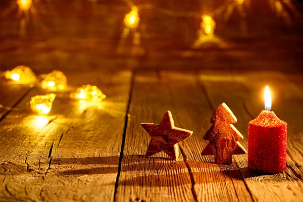 Natal Árvore Estrela Vela Vintage Rústico Fundo Madeira Decoração — Fotografia de Stock