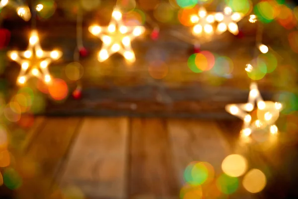 Weihnachten Licht Sterne Vintage Rustikal Holz Hintergrund Dekoration — Stockfoto