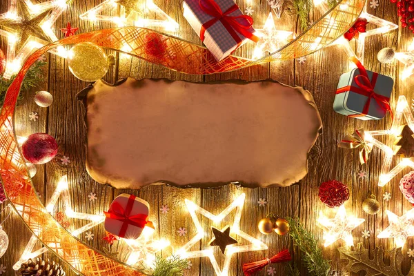 クリスマス ポストカード ヴィンテージ羊皮紙コピー スペース ウッドの背景に — ストック写真
