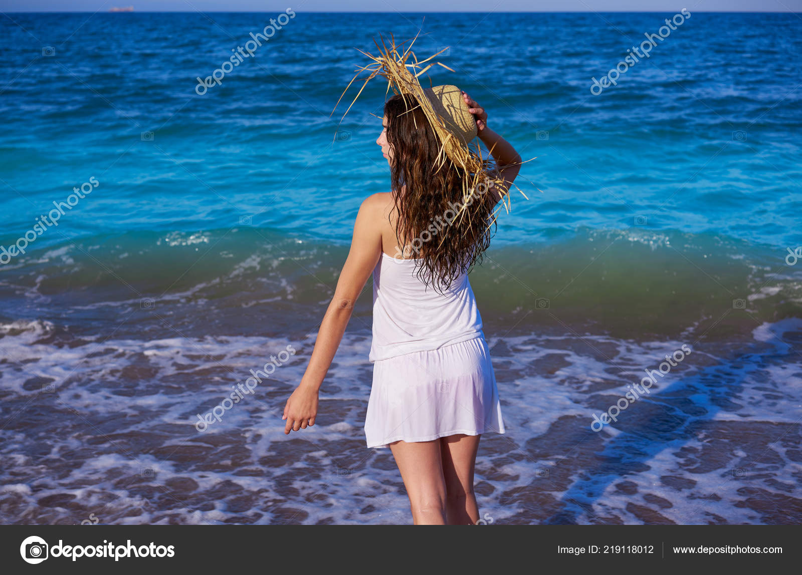 Fille Avec Chapeau Plage Dans Mer Vue Profil Rive Avec