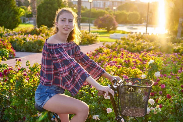 Teen Girl Riding Bicycle City Flowers Park Happy — Stock Photo, Image