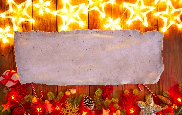 Stelle Bagliore Natale Abete Bianco Parchemin Carta Copiare Spazio Legno — Foto Stock