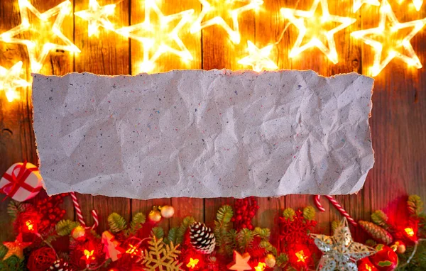 Estrelas Brilho Natal Papel Branco Abeto Parchemin Espaço Cópia Madeira — Fotografia de Stock