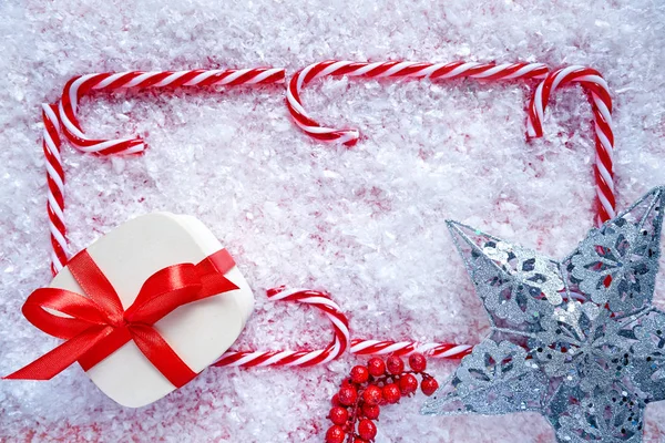 Karácsonyi Ajándék Candy Cane Keret Háttér Határon — Stock Fotó