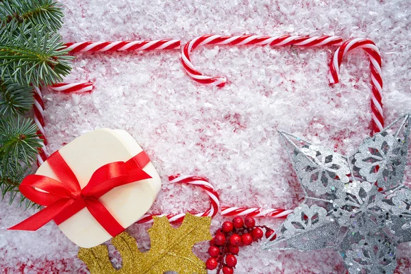 Karácsonyi Ajándék Candy Cane Keret Háttér Határon — Stock Fotó