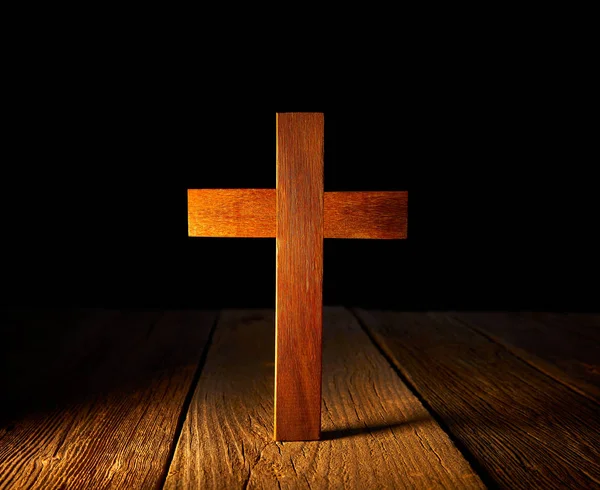 Christian Wood Cross Black Wooden Background — Stock Photo, Image