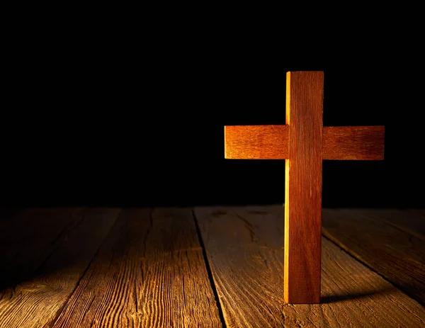 Cruz Madera Cristiana Sobre Fondo Negro Madera —  Fotos de Stock