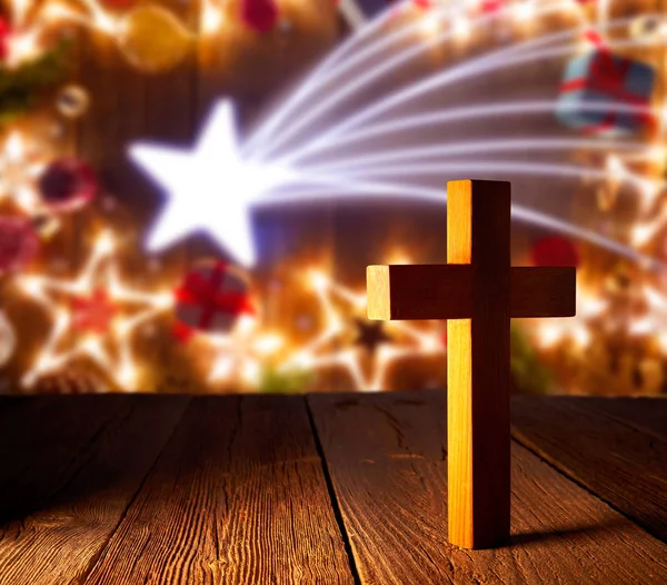 Christelijke Hout Cross Kerstmis Sterren Houten Achtergrond — Stockfoto