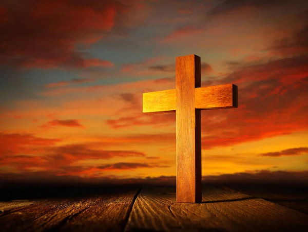 Cruz Madeira Cristã Céu Por Sol Feito Madeira — Fotografia de Stock