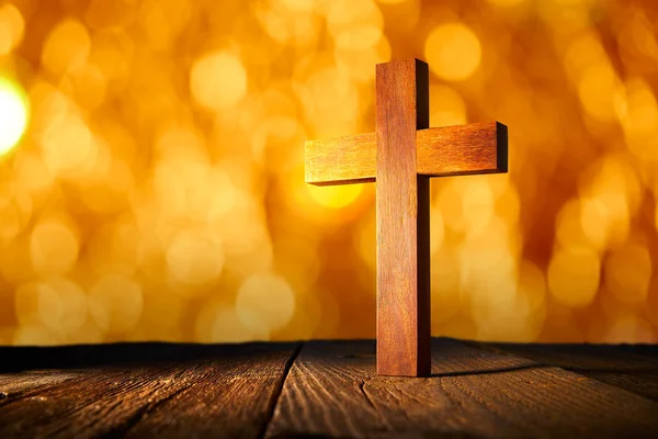 Christian Wood Cross Blur Flare Lights Wooden Background — Stock Photo, Image